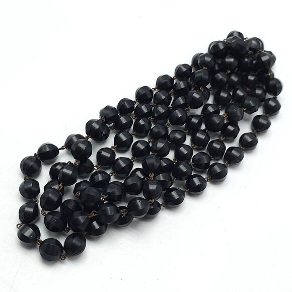Vintage Flapper Extra Long Black Glass Faceted Beaded Necklace No Clasp 54 in - Picture 4 of 6